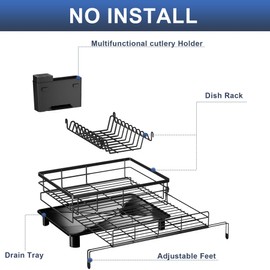 YEYPOP Expandable Dish Drying Rack - Stainless Steel Dish Rack for Kitchen Counter, Space Saving Dish Drainer w Utensil Holder, Drainboard(A-Black)