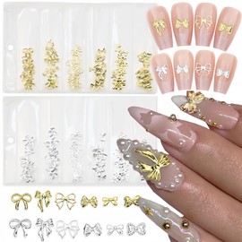 400Pcs Bow Nail Charms for Acrylic Nails Gold and Silver Bow Nail Art Charms Shiny Bows Nail Rhinestones Design Nail Studs Nail Jewelry Decoration Valentine's Day Manicure Supplies for Nail DIY Craft