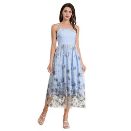 Spaghetti Straps Floral Embroidered Dress for Women Formal Party Flower Embroidery Tulle Dress Long Prom Homecoming Dresses Floral Cocktail Dress for Women Wedding Guest Dress Summer Light Blue M