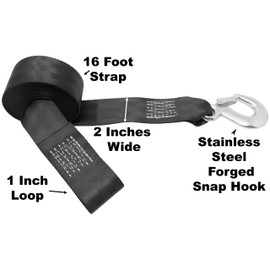 CustomTieDowns 2 Inch Boat/Winch Strap. 1 Inch Flat Sewn Loop On One End. Stainless Steel Forged Snap Hook On Opposite End. Strap Length 16 or 20 Ft. Black Polyester Seatbelt Webbing. (16 Feet)