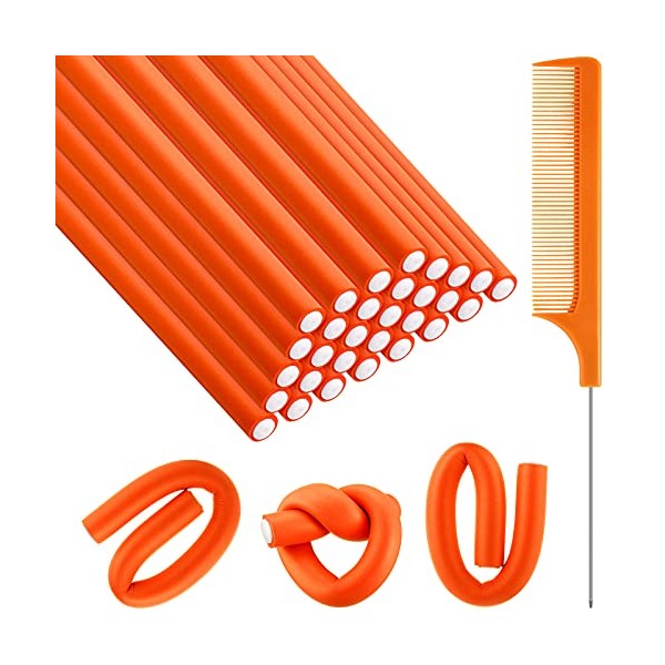 30 Pieces Flexible Curling Rods Twist Foam Hair Rollers Soft Foam No Heat Hair Rods Rollers and 1 Steel Pintail Comb Rat Tail Comb for Women Girls Long and Short Hair (7 x 0.55 Inch, Orange)
