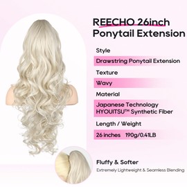 REECHO Ponytail Extension, 26 Inch Drawstring Ponytail Extension Long Curly Wavy Pony Tails Hair Extensions Natural Fake Synthetic Clip in Ponytail Hairpiece for Women Daily, Platinum Blonde
