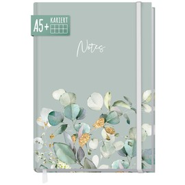 paper&you Notebook A5+ Squared with Elastic Band "Minty Leaves" 156 Pages, 78 Sheets, 100 g/m² Premium Paper, as Journal, Diary, Notebook - Sustainable and Climate Friendly