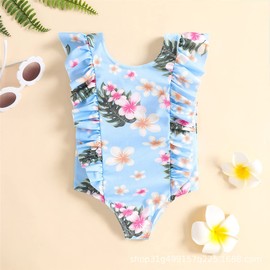 Traje de baño de una pieza para bebés y niñas, con volantes, diseño de escamas de peces y dinosaurio, flamenco, traje de baño, Azul-cielo, 2-3T