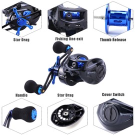 Sougayilang Sapphire Baitcasting Fishing Reel 7.0: 1 Gear - Low Profile Carbon Fiber Drag 9+1 Bearing Dual Magnetic Brakes Fishing Reels (Left), Blue