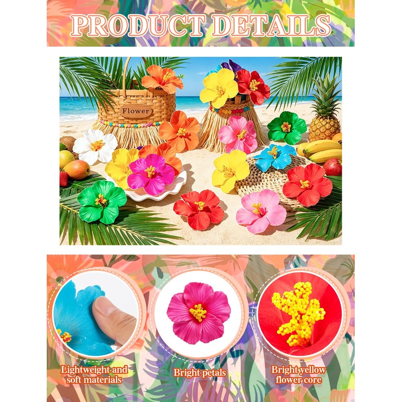 40 Pcs Hawaiian Artificial Tropical Hibiscus Flowers(10 Colors)