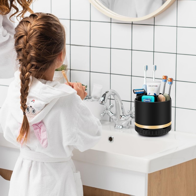GFWARE Bathroom Organizer Countertop - Rotating Black Toothbrush Holder for