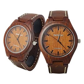 Hula Girl Handmade Hawaiian Wooden Watch Made with Natural Red Sandalwood Case and Brown Leather Band
