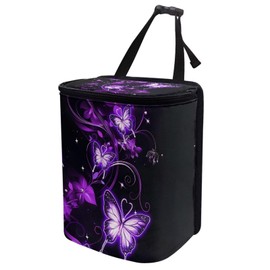 KEIAHUAN Purple Butterfly Car Garbage Bag Hanging Collapsible Large Capacity Garbage Can Portable Car Trash Can with Lid Collapsible Vehicle Interior Accessories for Women