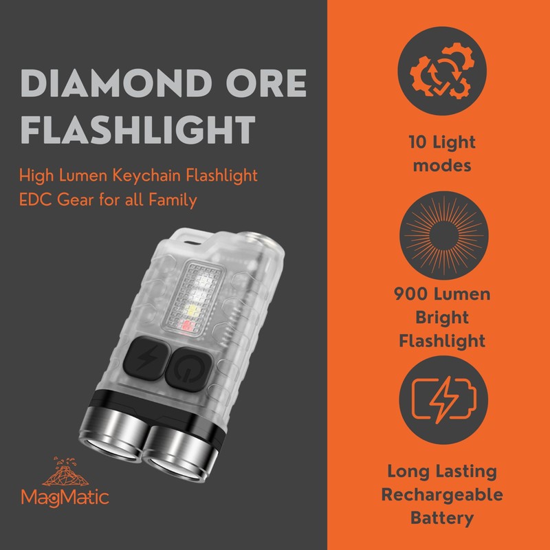 Diamond Ore Keychain Flashlight 900 Lumens Rechargeable Mini LED Flashlight