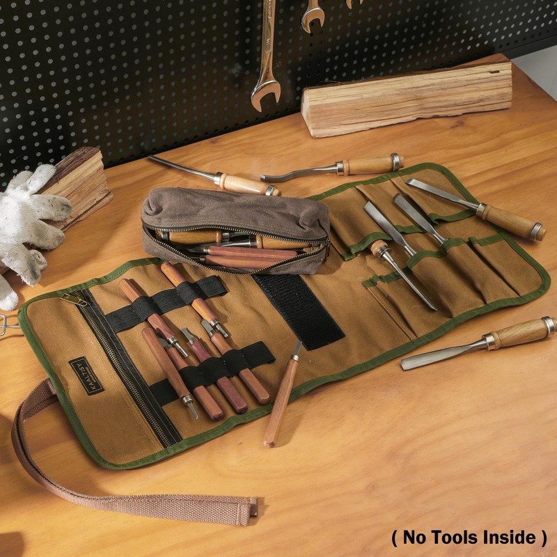 16OZ Waxed Canvas Tool Roll Bag, Heavy Duty Tool Storage