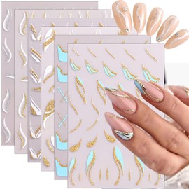 8 Sheets French Nail Art Stickers Decals Golden Blue Swirl Nail Stickers 3D Self-Adhesive French Tip Design Nail Decals Platinum Silver White Line Glitter Nail Art Supplies for Women DIY Manicure Tips