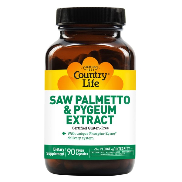 Country Life Saw Palmetto & Pygeum Extract, 90 Vegan Capsules, Certified Gluten Free, Certified Vegan