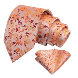 Alizeal Mens 3.15inches Chic and Refreshing Flower Patterned Tie with Floral Printed Pocket Square, Orange-1