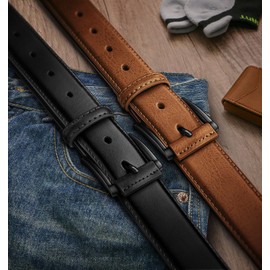 KEMISANT Men Belt 2Pack – Genuine Leather Belt for Men Dress Casual Golf Jeans 1 3/8" (Black/Tawny,32"-34" Waist Adjustable)