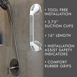 16 Inch Long Suction Grab Bar for Bathroom Indicator Light, Suction Shower Balance Assist Bar Support Rail Helping Handle for Tub Elderly Seniors Handicap Strong Suction Bathtub Grips Non Slip Sticker