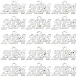 SUNNYCLUE 1 Box 50Pcs 2024 Charms Graduation Charms Bulk Large Silver Tone Grad Cap Graduation Tassels Charm 2024 New Year Christmas Tree Hanging Ornaments Number 2024 Charm for Jewelry Making Charms