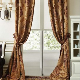 LIYAXUN Gold Curtains for Bedroom, Grommet Curtains 96 Inches Long, Luxury European Style Jacquard Silky Curtain for Living Room, Darking Room Curatins (52W x 96L Inch, Unlined, 1 Panel)