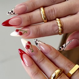 French Tip Press on Nails Almond Fake Nails with Cherry Designs Medium Acrylic Nails White & Red Translucent Artificial Nails Spring Stiletto Stick on False Nails for Women 24 Pcs
