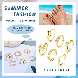 FIOROYAL 6Pcs 14K Gold Filled Toe Rings Adjustable Gold Toe Ring Set for Women Girls Cubic Zirconia Heart Open Toe Rings Summer Beach Foot Jewelry