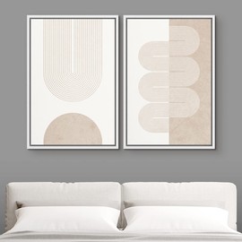 MUDECOR Framed Canvas Print Wall Art Set Pastel Tan White Geometric Wave Ribbons Abstract Shapes Illustrations Modern Art Decorative Contemporary for Living Room, Bedroom, Office - 24"x36"x2 White