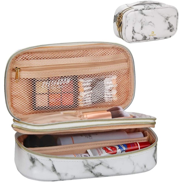Makeup Brush Cosmetic Organizer Portable 2 layer Small Makeup Pouch Holder PU Leather Case with Carry Handle for Travel (Marble pattern)