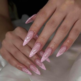 RUOKEXIN Long Stiletto Press on Nails French Tip Fake Nails Pink False Nails with 3D Designs Almond Nail Press ons Sparkly Artificial Nails Long Glue on Nails Cute Stick on Nails for Women 24Pcs