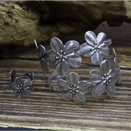 Boho Flower Cuff Bracelet And Ring Set Silver Vintage Floral Statement NWT