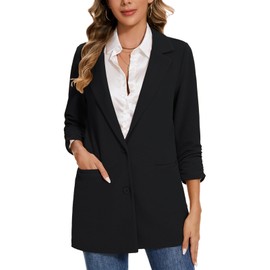 MINTLIMIT Women’s Mid Length Long Blazer with 3/4 Ruched Sleeves Front Besom Pockets and Two-Button Closure (Black S)