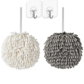 WEIWODUZUN 2 Pack Fuzzy Ball Towel White and Gray, Dry Your Hand Instantly conveniently with This Creative Bath Towel Set Towels for Bathroom Kitchen Chenille Hand Towels (2 Pack + 2 Hooks)