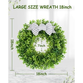 HARMIX 18" Faux Round Boxwood Wreath, Artificial Boxwood Wreath Front Door Wreaths Artificial Spring Summer Greenery Hanging with A Plaid Bow and sash for Front Door Wall Hanging Window Wedding Decor