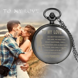JewelryWe Engraved Pocket Watch with Chain Men Women Analogue Quartz Chain Watch with Engraving Simple Smooth Watch Pendant Necklace Gift, To My Love, Dress