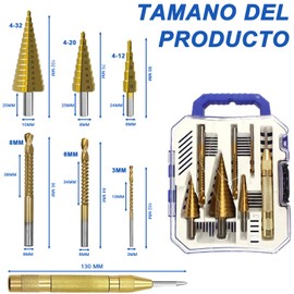 Brocas para Metal 7 Piezas, Juego de Brocas Escalonadas HSS Titanio 4-12mm, 4-20mm, 4-32mm, Sierra 3/6/8mm y Punzón Central Automático,Autocentrado X-118°,Juego de Brocas para Metal,Placas, Acero,DIY