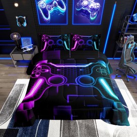 Erosebridal Gaming Comforter for Boys Teen Game Bedding Set for Kids Gamer Comforter for All Season Gamepad Home Decor for Duvet Insert Twin,1 Comforter with 1 Pillowcase Purple Blue Black Hexagon