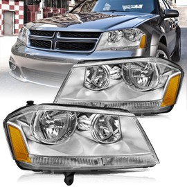 Aosky Headlight Assembly Fits for 2008-2014 Dodge Avenger Chrome Housing Headlamps Replacement Pair Driver + Passenger Side