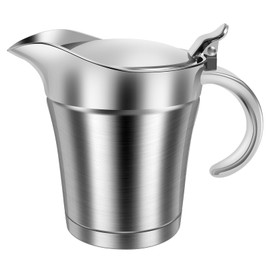 Double Insulated Gravy Boat, 450ml/15.2oz Gravy Jug with Hinged Lid, Stainless Steel Portable Gravy Warmer Pitcher for Family Dinner, Thanksgiving, Christmas, Birthday Party (Silver)