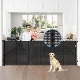 Reinforced 75” Wide Retractable Baby Gates with Support Rods, Retractable Dog Gate for The House Extra Wide Mesh Pet Gate Indoor Outdoor Child Gates for Doorways Stair Gates for Kids or Pets (Black)