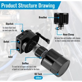 Oil Catch Can, Baffled Oil Separator Catch Can 300ml with Breather Filter with 3/8" Fuel Line Universal Aluminum Black