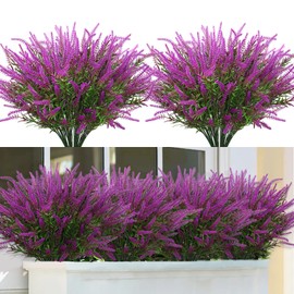 DEMIUKO 10 Bundles Artificial Plants Outdoor Fake Lavender Flowers, UV Resistant Faux Lavender Shrubs Fake Plants Plastic Greenery for Indoor Outdoor Wedding Table Arrangement Decor (Fuchsia, 10PCS)