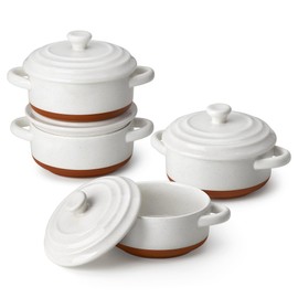 MALACASA Mini Cocotte Set - 12 OZ Small Casserole Dishes for Oven, Ramekins with Lids and Handles, Ceramic Mini Dutch Oven Set of 4, Microwave & Dishwasher Safe, Khaki White, Series TARA