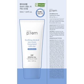 MAKEPREM UVA UVB Defense Me Calming Sun Cream VEGAN Sunblock SPF 50+ PA++++ 1.69 Fl Oz Reef-Safe Non-Nano Mineral Sunscreen Broad UV Protection Blue Ray Dry Sensitive Acne-Prone Oily Skin No Chemical