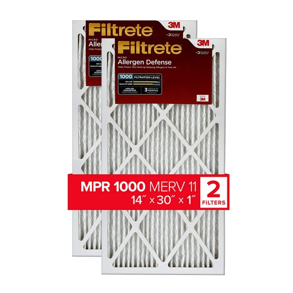 Filtrete 14x30x1 Air Filter, MPR 1000, MERV 11, Micro Allergen Defense 3-Month Pleated 1-Inch Air Filters, 2 Filters