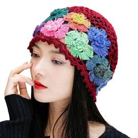 Crochet Beanie Hat for Women Men Y2k Floral Boho Knitted Beanie Cotton Flower Patterned Slouchy Skull Cap Lace Head Wrap WineRed