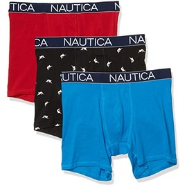 Nautica Men's 3-Pack Classic Underwear Cotton Stretch Boxer Brief, Red/Capri/Swordfish Print Black, Medium