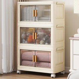 Fejrpkn 3 Tier Stackable Plastic Storage Bins with Lids 58QT, Collapsible Closet Organizers and Storage with Wheels, Folding Storage Boxes, Closet Organizers and Storage for Living Room,Office,Dorm