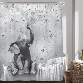 Riyidecor Funny Elephant Shower Curtain African Animal Playing Water Hilarious Cute Wild Butterfly Raindrop Grey Kids 72Wx72H Inch Wildlife Fabric Decor Bathroom Polyester Waterproof 12 Pack Hooks