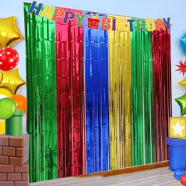 Green Red Blue Yellow Party Decorations Blue Red Green Yellow Foil Fringe Backdrops Streamer Tinsel Curtains for Graduation Boys Girls Birthday Party Streamer Backdrop