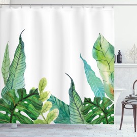 Ambesonne Hoja Cortina de Baño, PláTostadoo Fragipani Árbol Tropical, Paño Conjunto de Decoración de Baño de Tela y Ganchos, 75" Alto, Verde Blanco