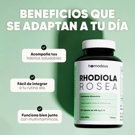 Homodeus Rhodiola Rosea con L-Teanina y Coenzima Q10, Cápsulas Vegetales Adaptógenas, 616 mg Rhodiola, 100 mg L-Teanina, 100 mg CoQ10 por Porción, Apo