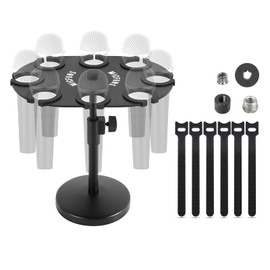 Micfuns TM100 Multi Microphone Holder For Mic Stand - Square Tray Attachment holds up to 8 mics On Stage Organizer and Display with 8 Anti-roll Rings and metal adapter with stand (TM100-B)